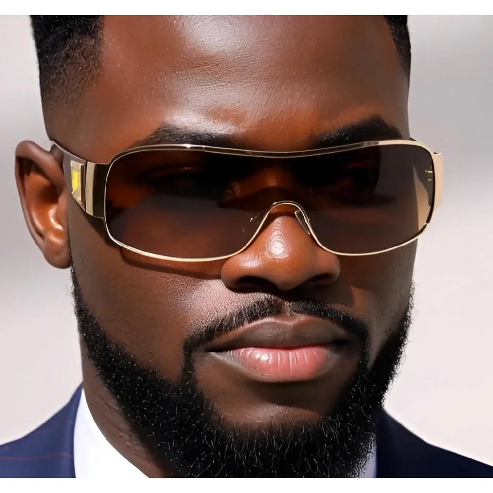 Block Curved One Piece Shield Sunglasses‎ Men's Flat Top Gold Frame Brown Lens